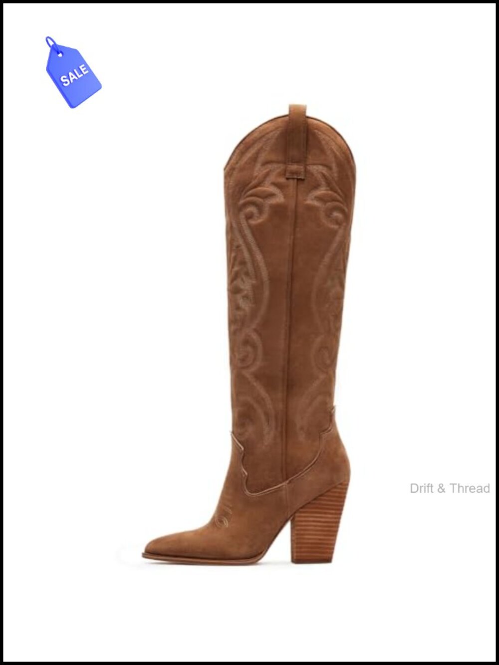 Knee High Cowboy Boots Women Pointed Toe Chunky Heel Western Embroidered Wide